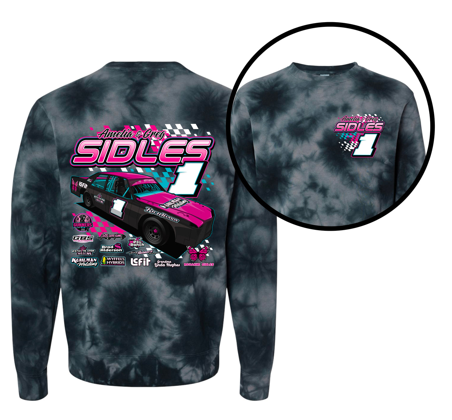 SIDLES RACING. TIE DYE HOODIE/CREW.