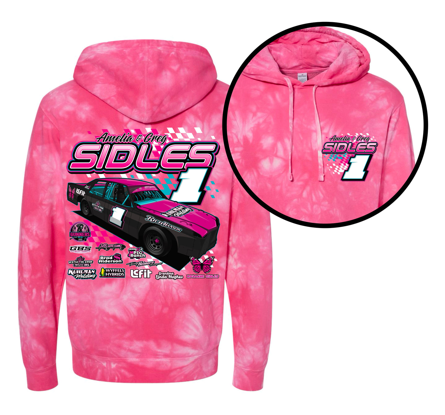 SIDLES RACING. TIE DYE HOODIE/CREW.