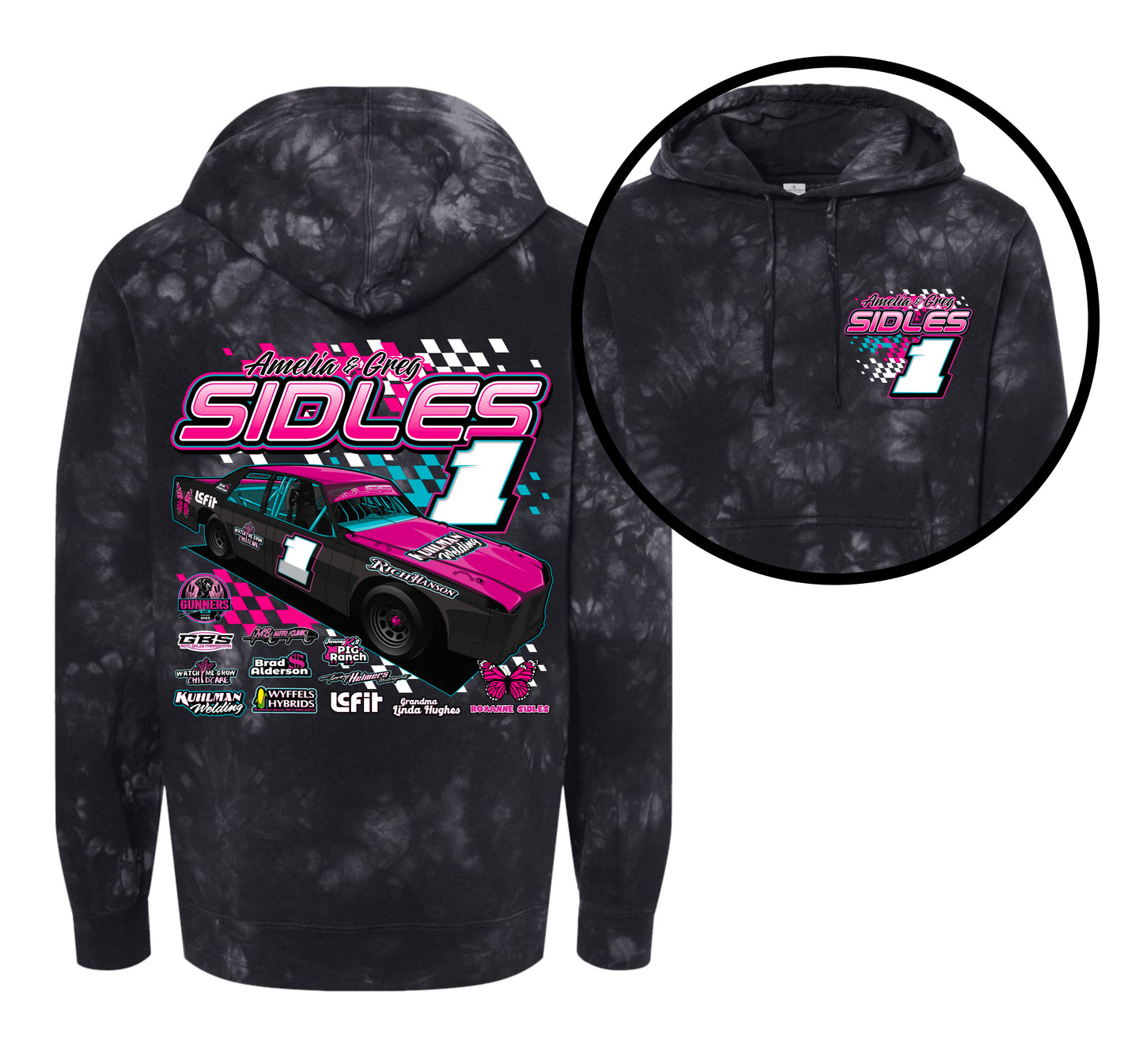SIDLES RACING. TIE DYE HOODIE/CREW.