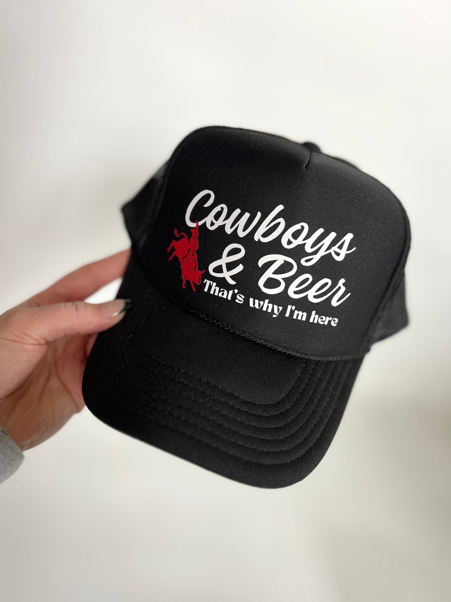 Cowboys & Beer. Black. White/Red. Trucker.