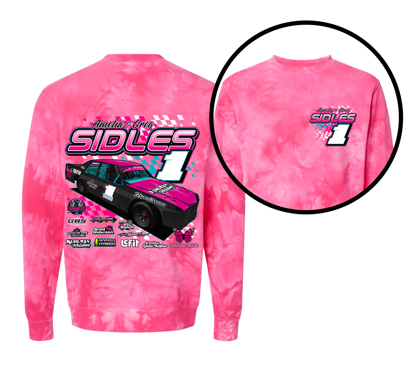 SIDLES RACING. TIE DYE HOODIE/CREW.
